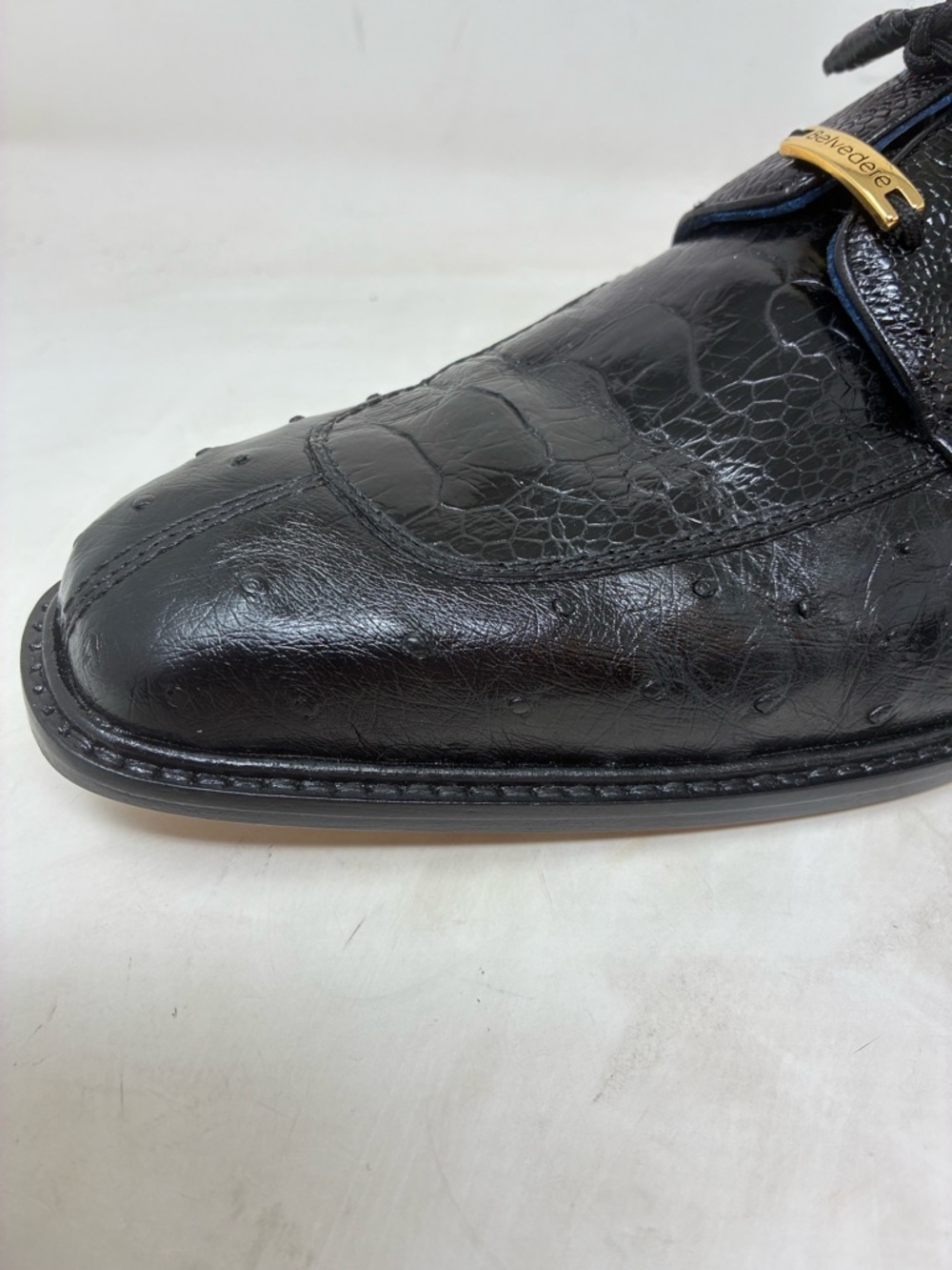 Men's Black Ostrich Leather Dress Shoe - Lace-Up Oxford - Picture 11 of 15